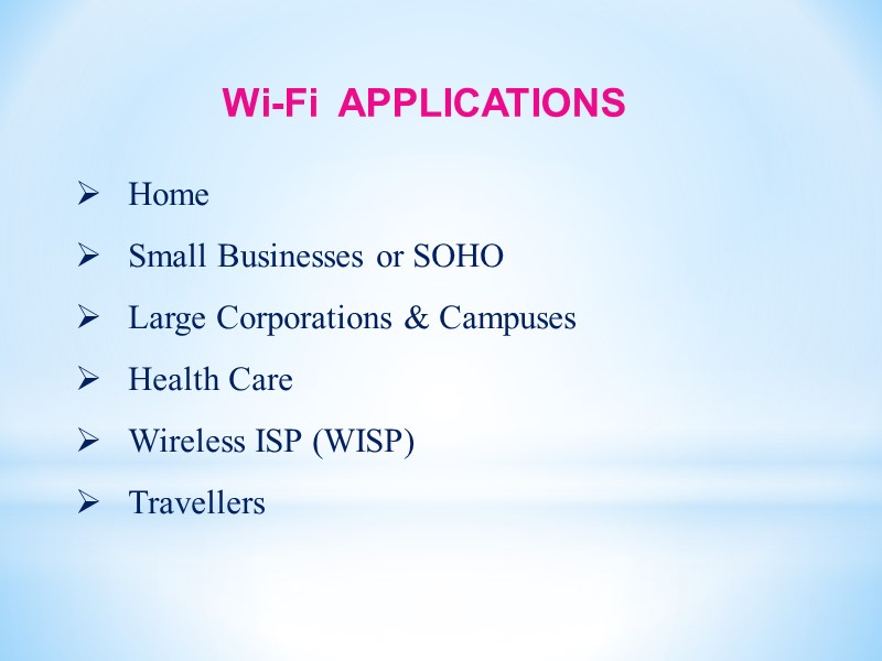 Wi-Fi  APPLICATIONS    Home    Small Businesses or SOHO